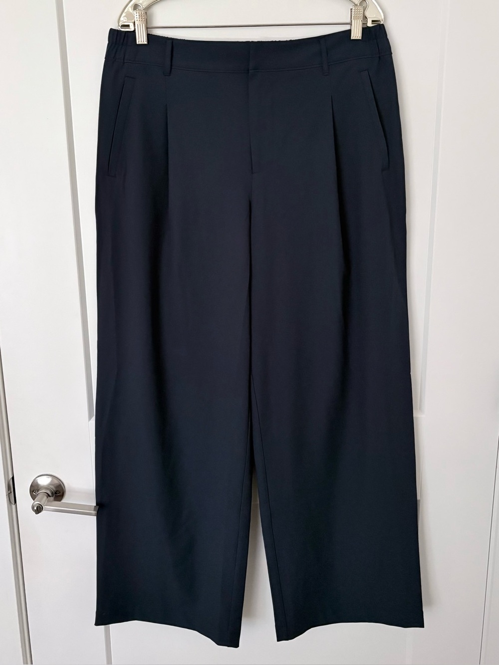 All in Motion Navy Blue Performance Pleated Wide-Leg Trousers - Side Pinstripe